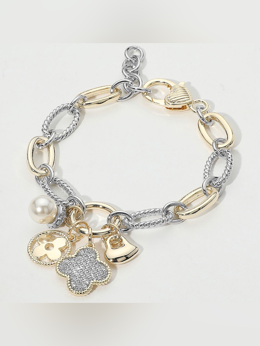 14K Gold Plated Two Tone CZ Stone Paved Quatrefoil Heart Pearl Charm Accent Brac